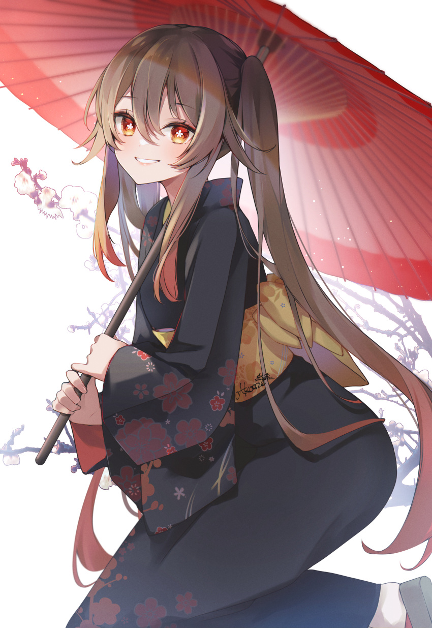 1girl 7aka_ne11 absurdres alternate_costume artist_name black_kimono brown_hair commentary_request floral_print flower-shaped_pupils foot_out_of_frame genshin_impact grin highres holding holding_umbrella hu_tao_(genshin_impact) japanese_clothes kimono long_hair long_sleeves looking_at_viewer obi oil-paper_umbrella red_eyes red_hair sash smile solo symbol-shaped_pupils twintails umbrella very_long_hair