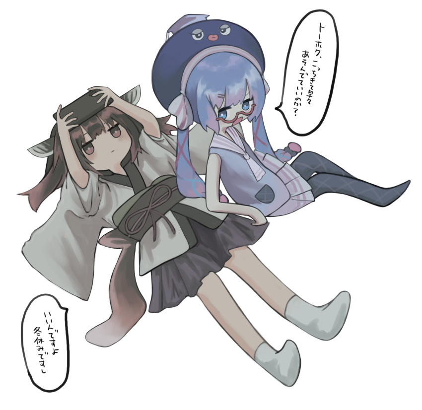 2girls absurdres arms_up ascot black_pantyhose blue_eyes blue_hair bright_pupils brown_eyes brown_hair cellphone closed_mouth commentary_request eel_hat expressionless from_above full_body glasses hakumai_(vnbnvnn) highres holding holding_phone japanese_clothes jitome kimono leaning_on_person long_hair looking_back lying multiple_girls no_shoes obi obijime on_back otomachi_una otomachi_una_(talkex) pantyhose phone photo-referenced pleated_skirt purple_skirt sailor_collar sash shirt short_kimono sitting skirt sleeveless sleeveless_shirt smartphone socks speech_bubble talkex touhoku_kiritan translation_request twintails v-shaped_eyebrows vocaloid voiceroid white_ascot white_kimono white_pupils white_sailor_collar white_socks wide_sleeves