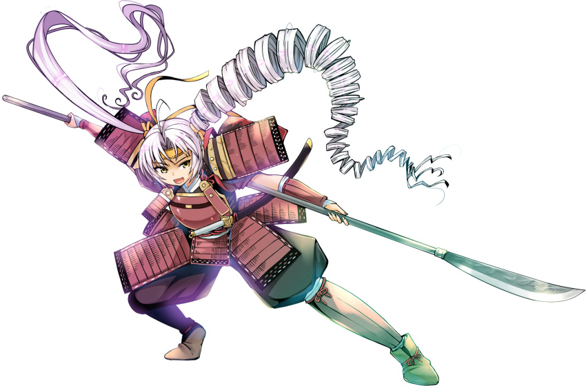1girl alternate_costume armor asymmetrical_hair black_pants commentary_request curtained_hair dou floating_hair full_body fumitsuki_kyou hakama hakama_pants headband highres holding holding_polearm holding_weapon japanese_armor japanese_clothes kote kusazuri long_hair lunging naginata open_mouth outstretched_leg pants polearm puffy_pants sheath sheathed short_sleeves shoulder_armor simple_background single_drill smile sode solo suneate tachi_(weapon) tasuki tsuina-chan two-handed v-shaped_eyebrows very_long_hair voiceroid weapon white_background white_hair yellow_eyes yellow_headband