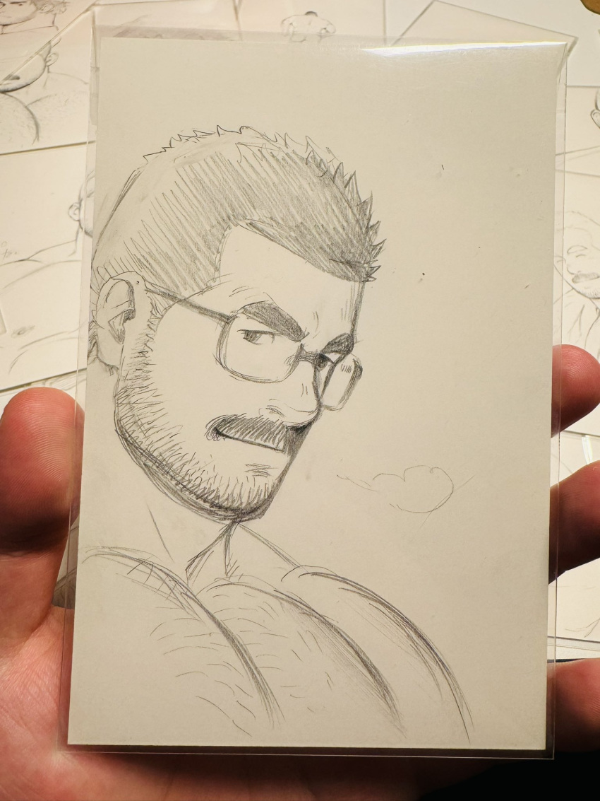 1boy bara beard_stubble breath dahei_(youtian) glasses graphite_(medium) highres huge_eyebrows ji_peng_gou_you large_pectorals light_smile looking_at_viewer male_focus mature_male muscular muscular_male nude pectorals photo_(medium) shikishi short_hair smile solo sparse_chest_hair traditional_media upper_body youtian_(youtiange)