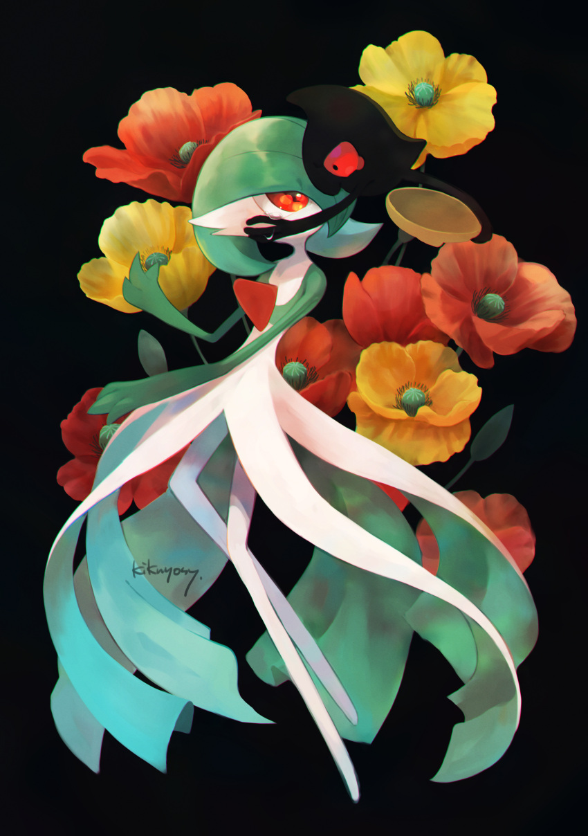 anemone_(flower) colored_skin commentary_request eye_contact flower gardevoir gen_3_pokemon gen_5_pokemon highres kikuyoshi_(tracco) looking_at_another looking_back orange_eyes orange_flower pokemon pokemon_(creature) signature white_skin yamask yellow_flower