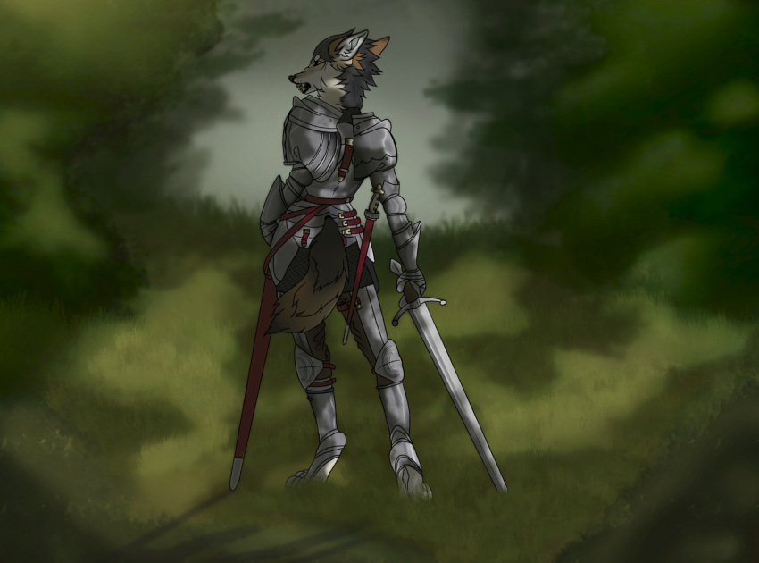 aggression angry anthro armor canid canine canis crowsfire defensive equipment female forest fur grass hi_res history holding_object holding_weapon light mammal melee_weapon nature nature_background outside plant solo standing sword teeth teeth_bared teeth_showing tree weapon wolf