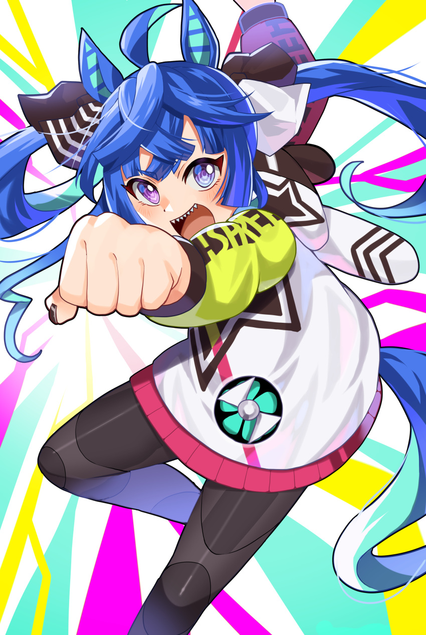 1girl absurdres ahoge animal_ears animal_hood aqua_hair arm_up black_bodysuit black_nails black_ribbon blue_eyes blue_hair bodysuit clenched_hand clothes_writing coat commentary crossed_bangs hair_ribbon heterochromia highres hood hood_down hooded_coat horse_ears horse_girl horse_tail leg_up long_hair long_sleeves looking_at_viewer multicolored_coat multicolored_hair open_mouth purple_eyes rabbit_hood reaching reaching_towards_viewer ribbon sharp_teeth sidelocks smile solo standing standing_on_one_leg star_(symbol) star_print tail tawashi_hechima teeth twin_turbo_(umamusume) twintails two-tone_hair umamusume very_long_hair