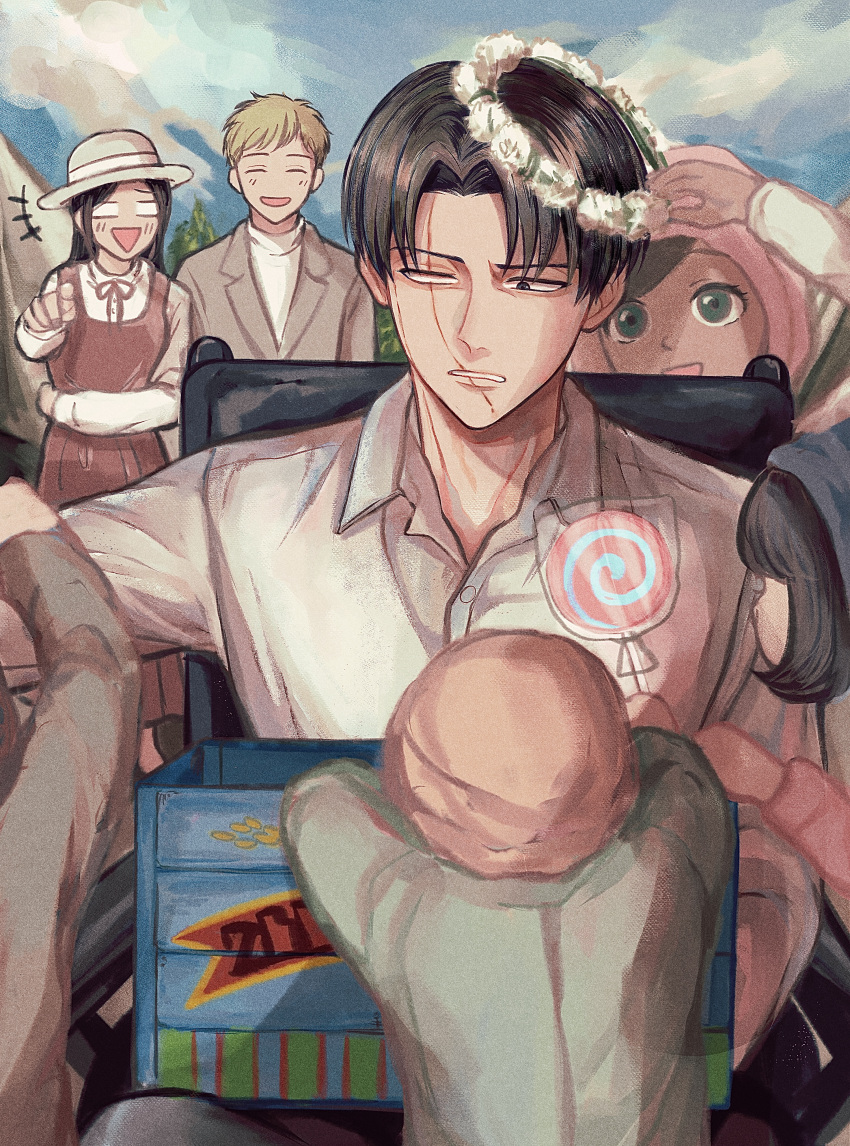 +++ 2boys 6+girls :d ^_^ absurdres arm_grab beanie black_eyes black_hair blank_eyes blonde_hair blue_headwear blue_sky blush box candy child closed_eyes collared_shirt dress falco_grice film_grain food gabi_braun green_eyes hat head_wreath highres laughing levi_(shingeki_no_kyojin) lollipop long_hair looking_at_another multiple_boys multiple_girls neck_ribbon open_collar open_mouth outdoors partially_blind pinafore_dress pink_headwear pink_shirt pointing red_dress red_ribbon remiii_888 ribbon scar scar_across_eye scar_on_face shingeki_no_kyojin shirt short_hair sky sleeveless sleeveless_dress smile spoilers tent tree turtleneck white_shirt wooden_box