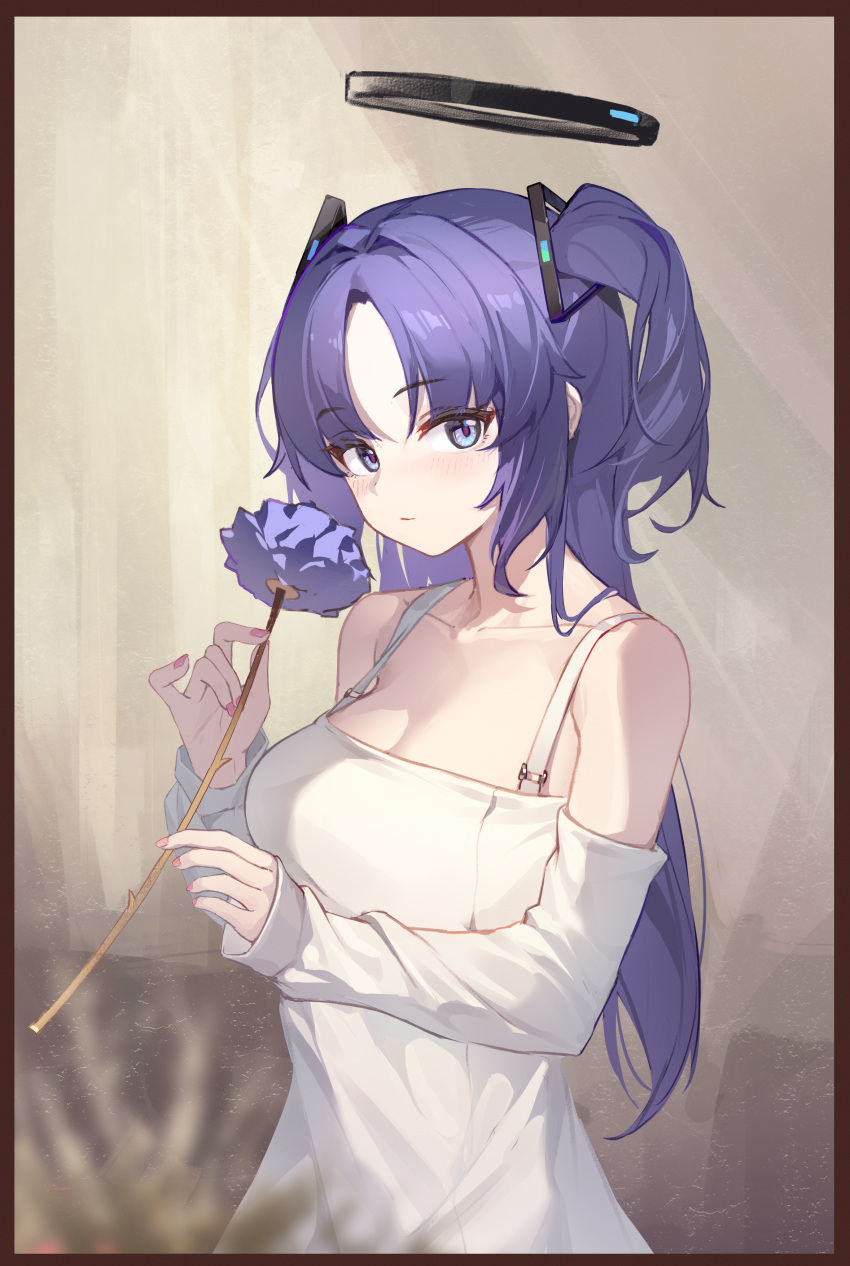 1girl absurdres blue_archive blush breasts cleavage closed_mouth dress flower halo highres holding holding_flower large_breasts long_hair looking_at_viewer mechanical_halo purple_eyes purple_flower purple_hair saw272 solo two_side_up upper_body white_dress yuuka_(blue_archive)