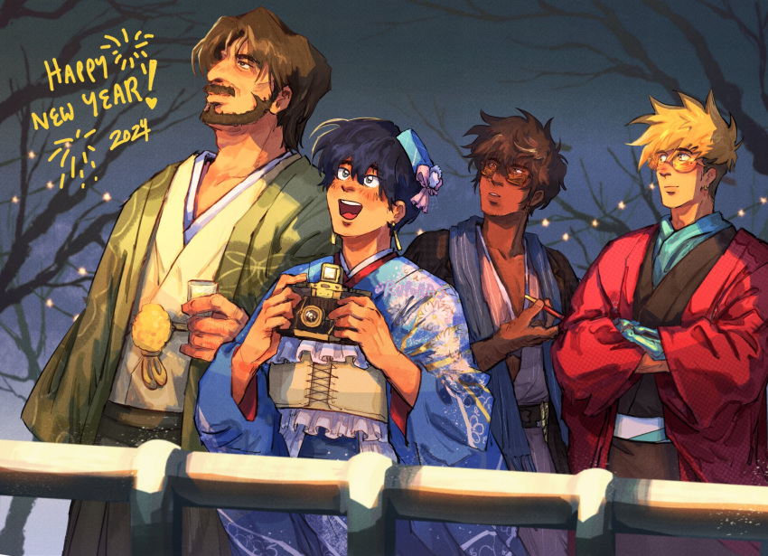 1girl 2024 3boys beard black_hair blonde_hair blue_kimono brown_hair camera commentary cup dated earrings english_commentary facial_hair floral_print_kimono green_kimono happy_new_year highres holding holding_camera holding_cup japanese_clothes jewelry kimono looking_at_another looking_to_the_side meryl_stryfe multiple_boys mustache nicholas_d._wolfwood night obi open_mouth outdoors pawschamp red_kimono roberto_de_niro sash trigun trigun_stampede vash_the_stampede yukata