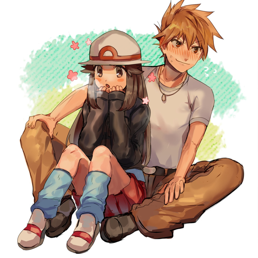 1boy 1girl belt belt_buckle black_footwear black_jacket blue_legwear blue_oak blush breath brown_eyes brown_hair brown_pants buckle commentary hands_up hat highres jacket jewelry kash-phia leaf_(pokemon) leg_warmers long_hair long_sleeves necklace orange_hair pants pokemon pokemon_(game) pokemon_frlg pokemon_hgss red_skirt shirt shoes short_sleeves sitting skirt spiked_hair spread_legs t-shirt white_footwear white_headwear