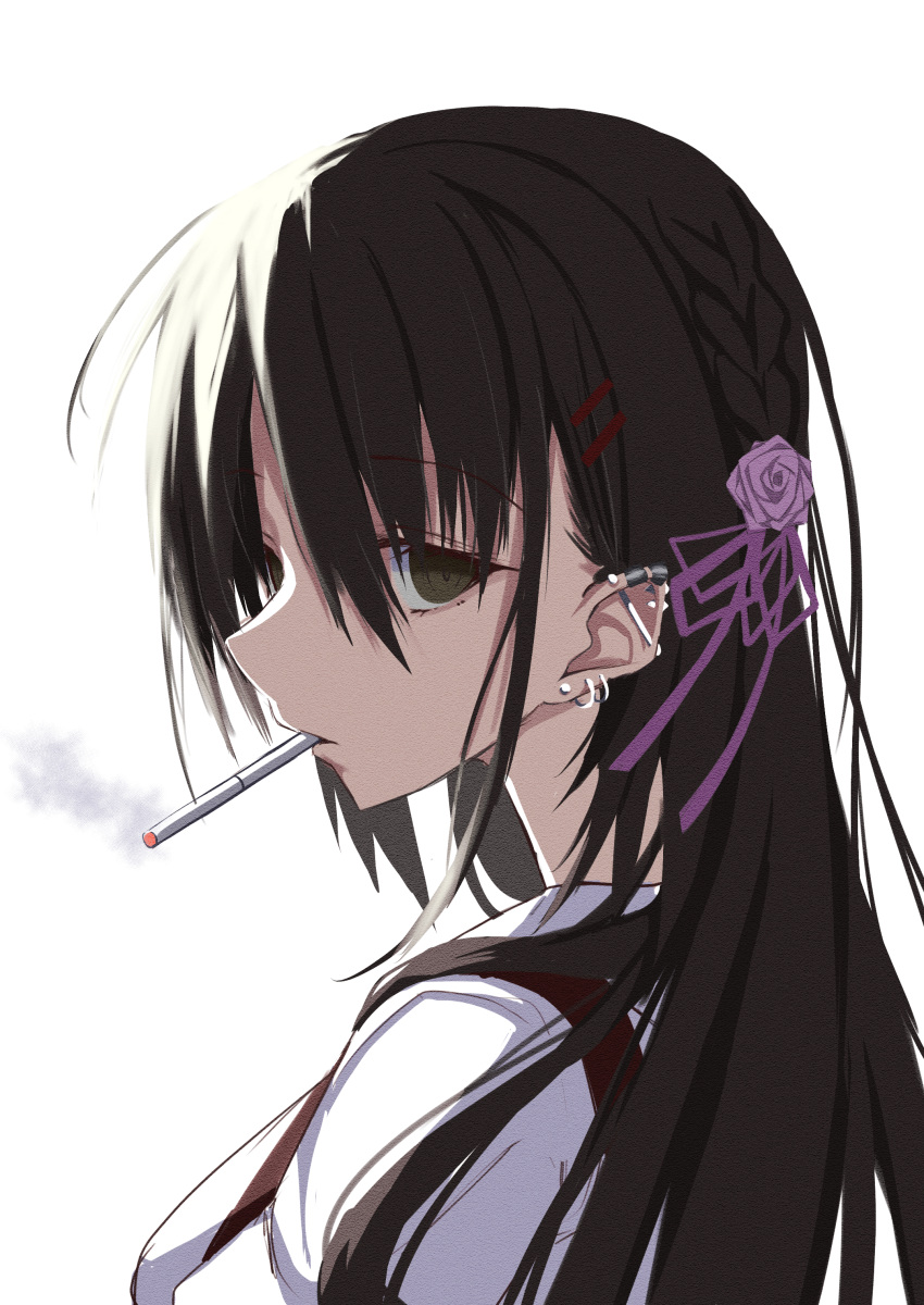 1girl absurdres black_hair braid brown_eyes cafe_stella_to_shinigami_no_chou cigarette close-up commentary ear_piercing earrings eyelashes from_side hair_between_eyes hair_ornament hair_ribbon hairclip highres hoop_piercing jewelry long_hair looking_at_viewer mkn_yu nose piercing pink_ribbon profile ribbon shiki_natsume shirt side_braid simple_background smoke smoking solo stud_earrings white_background white_shirt