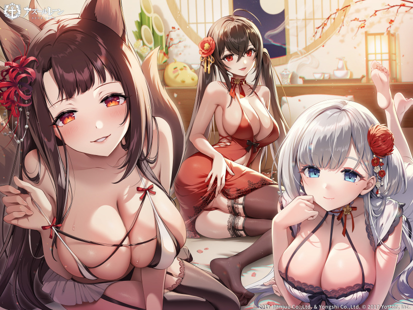3girls absurdres ahoge akagi_(azur_lane) alternate_costume anchor_symbol animal_ear_fluff animal_ears ass azur_lane bare_shoulders barefoot bed bird black_hair blue_eyes blunt_bangs blush breasts brown_hair chick choker cleavage closed_mouth collarbone commentary_request copyright_name crossed_bangs cup dress feet flower fox_ears fox_girl fox_tail full_moon garter_straps gomashio_ponz grey_hair hair_between_eyes hair_flower hair_ornament hand_up highres huge_breasts indoors kitsune large_breasts light_smile logo long_hair looking_at_viewer lying manjuu_(azur_lane) mole mole_under_eye moon multiple_girls multiple_tails navel night no_shoes official_art on_bed on_side on_stomach open_mouth panties parted_bangs parted_lips petals pillow red_dress red_eyes red_flower red_panties red_ribbon ribbon round_window second-party_source shoukaku_(azur_lane) sitting skindentation sleeveless sleeveless_dress smile soles spider_lily strap_pull sweat taihou_(azur_lane) tail thighhighs thighs toes twintails underwear very_long_hair white_hair window