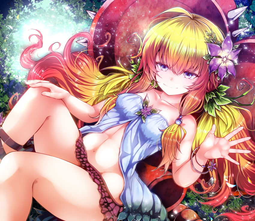 1girl bare_shoulders blonde_hair duel_monster flower gradient_hair hair_flower hair_ornament long_hair looking_at_viewer midriff multicolored_hair navel orange_hair purple_eyes red_hair sato_(yuki0634) sitting smile solo traptrix_nepenthes twintails yu-gi-oh!