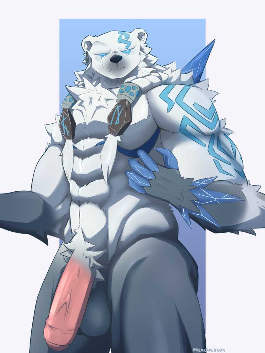 2024 5_fingers abs accessory anthro arm_tattoo arm_tuft back_tuft balls bear black_nose blue_eyeliner blue_eyes blue_fingers blue_sclera blue_spikes blue_tattoo braided_hair chest_tattoo chest_tuft claw_fingers crotch_tuft demigod ear_piercing ear_ring elbow_tuft empty_eyes fangs fingers foreskin fur genitals glans gradient_background grey_balls grey_body grey_fur hair half-erect head_tattoo hi_res league_of_legends looking_at_viewer male mammal milkcauldron multicolored_body multicolored_fur muscular muscular_anthro muscular_male navel nude partially_retracted_foreskin pecs penis piercing pigtails pink_glans pink_penis polar_bear pose ring_piercing riot_games round_ears shouder_tuft signature simple_background snout solo spikes spikes_(anatomy) tattoo teeth tuft twin_braids ursine vein veiny_penis volibear white_body white_fur white_hair wrist_tuft