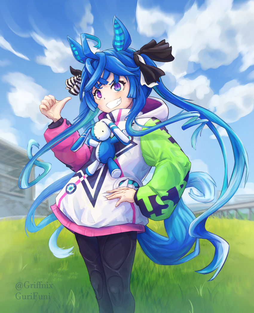 1girl absurdres ahoge animal_ears artist_name black_bodysuit black_ribbon blue_eyes blue_hair blue_sky bodysuit cloud cloudy_sky commentary crossed_bangs day drawstring english_commentary grass griffnix grin hair_ribbon hand_on_own_hip heterochromia highres hood hood_down hooded_coat horse_ears horse_girl horse_tail long_hair long_sleeves looking_at_viewer mixed-language_commentary multicolored_hair outdoors pointing pointing_at_self purple_eyes ribbon sharp_teeth sidelocks sky smile solo standing star_(symbol) star_print stuffed_animal stuffed_rabbit stuffed_toy tail teeth twin_turbo_(umamusume) twintails twitter_username two-tone_hair umamusume very_long_hair