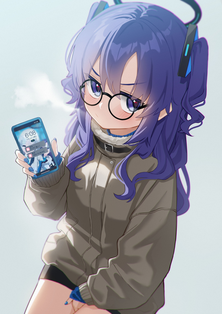 1girl absurdres bespectacled black_shorts blue_archive blue_nails blush cellphone closed_mouth fingernails glasses grey_jacket halo highres holding holding_phone jacket long_hair long_sleeves looking_at_viewer mechanical_halo nail_polish phone purple_eyes purple_hair round_eyewear shorts smartphone solo two_side_up yuuka_(blue_archive) zumi6