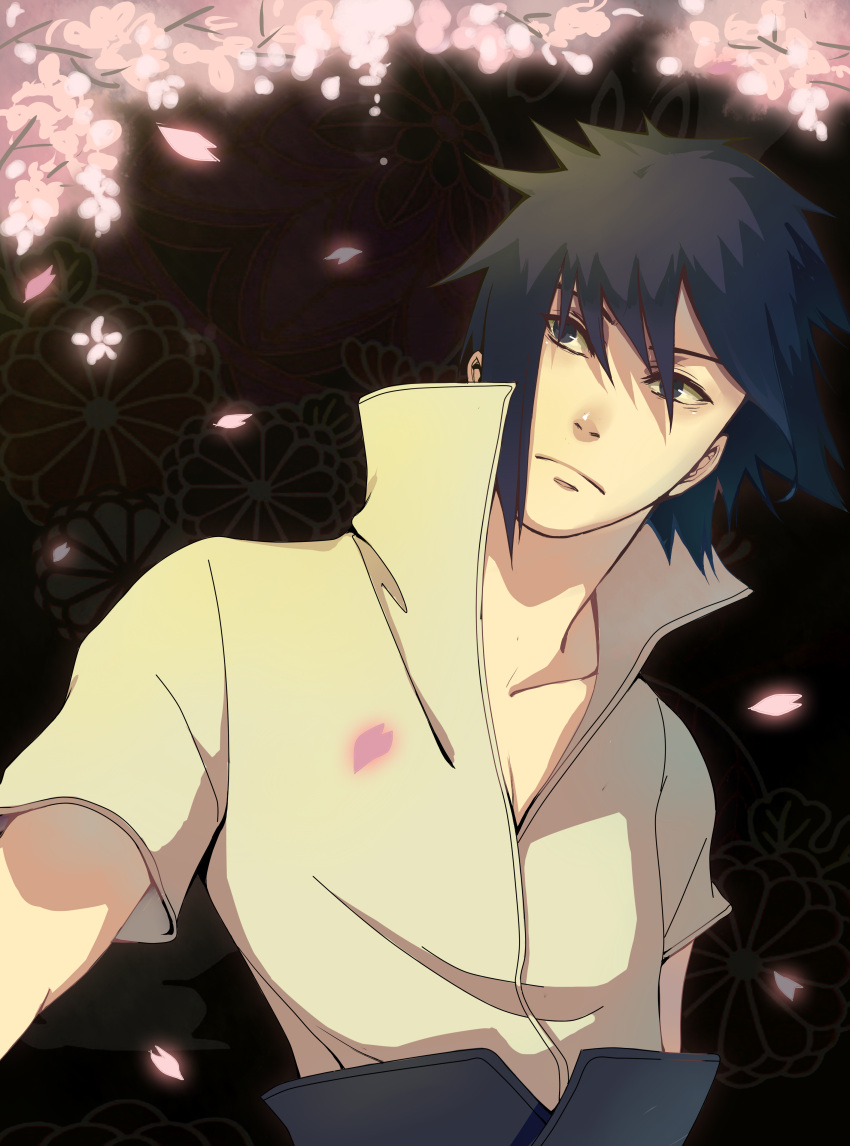 1boy absurdres arethusa_smile black_background black_eyes black_hair branch brown_background cherry_blossoms closed_mouth collarbone english_commentary floral_background flower gradient_background hair_between_eyes highres looking_to_the_side male_focus naruto naruto_(series) petals pink_flower shirt short_hair short_sleeves solo standing uchiha_sasuke v-shaped_eyebrows white_shirt