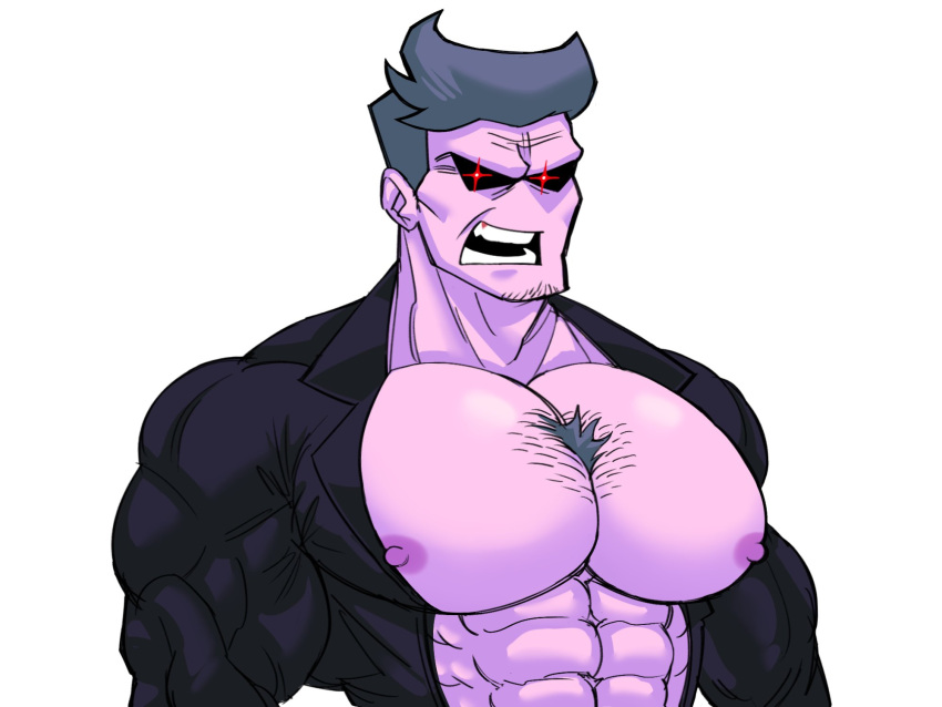 1boy abs bara black_eyes chest_hair colored_skin daddy_dearest dokeshin facial_hair feet_out_of_frame friday_night_funkin' glowing glowing_eyes grey_background grey_hair highres large_pectorals looking_at_viewer male_focus manly mature_male muscular muscular_male nipples open_clothes open_mouth open_shirt pectorals purple_skin shirt simple_background solo stubble teeth thick_arms tight_clothes upper_body