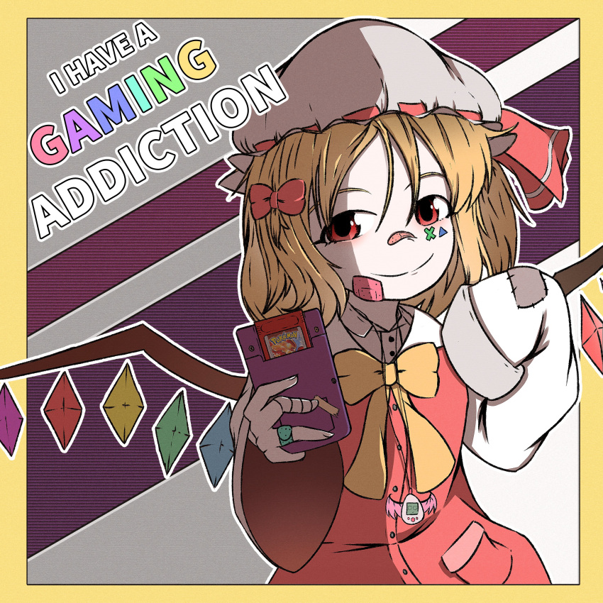 1girl absurdres adapted_costume bandaid bandaid_on_face bandaid_on_hand bandaid_on_nose blonde_hair border bow bowtie closed_mouth cloudykeyz commentary cowboy_shot english_commentary english_text flandre_scarlet game_boy handheld_game_console hat highres holding holding_handheld_game_console light_smile looking_at_viewer medium_hair mob_cap multicolored_wings patchwork_clothes red_eyes red_ribbon ribbon ribbon-trimmed_headwear ribbon_trim shirt simple_background sleeve_rolled_up sleeves_past_fingers sleeves_past_wrists solo tamagotchi tamagotchi_(virtual_pet) touhou white_headwear white_shirt wide_sleeves wings yellow_border yellow_bow yellow_bowtie