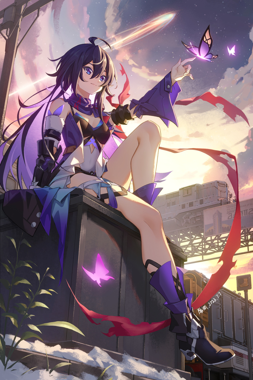 1girl 2023 arm_support black_footwear black_hair black_shorts blue_eyes breasts bug butterfly cleavage closed_mouth colored_inner_hair dated detached_sleeves floating_hair from_below geduan hair_between_eyes highres honkai:_star_rail honkai_(series) long_hair long_sleeves micro_shorts multicolored_hair outdoors purple_hair purple_sleeves seele_(honkai:_star_rail) shorts sitting small_breasts snow solo strapless very_long_hair