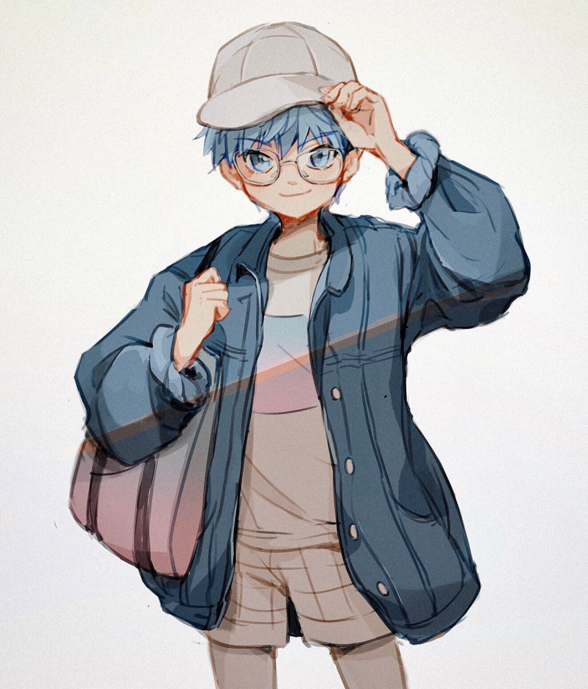 1boy amidura bag baseball_cap blue_eyes blue_hair blue_jacket closed_mouth commentary_request fate/extra fate/extra_ccc fate/grand_order fate_(series) feet_out_of_frame glasses grey_bag hand_on_headwear hand_up hans_christian_andersen_(fate) hat highres jacket korean_commentary long_sleeves male_focus open_clothes open_jacket shirt short_hair shorts shoulder_bag simple_background smile solo white_background white_headwear white_shirt white_shorts