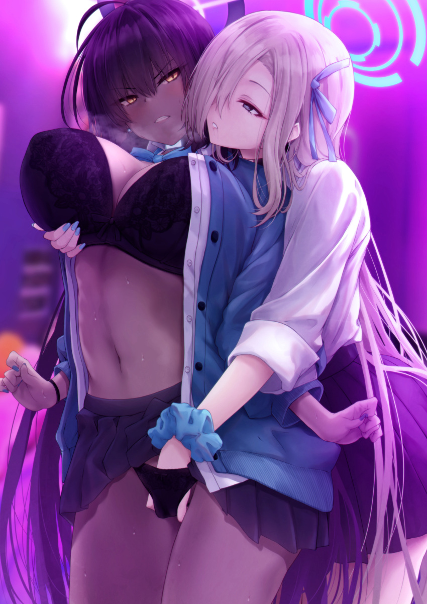 2girls asuna_(blue_archive) black_bra black_hair black_skirt blue_archive blue_cardigan blush bra breasts breath cardigan dark-skinned_female dark_skin fingering fingernails grabbing grabbing_another's_breast grabbing_from_behind halo hand_under_clothes highres huge_breasts jk_ssma karin_(blue_archive) light_brown_hair looking_at_another multiple_girls nail_polish navel open_cardigan open_clothes open_shirt pleated_skirt school_uniform scrunchie skirt stomach underwear wrist_scrunchie yuri