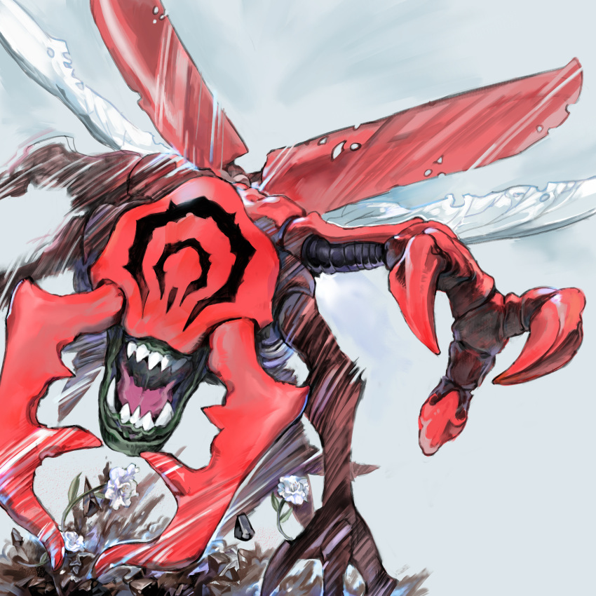 bug claws digimon digimon_(creature) extra_arms flower highres kuwagamon level-00 mandibles monster no_humans open_mouth sharp_teeth solo teeth torn_wings white_flower wings