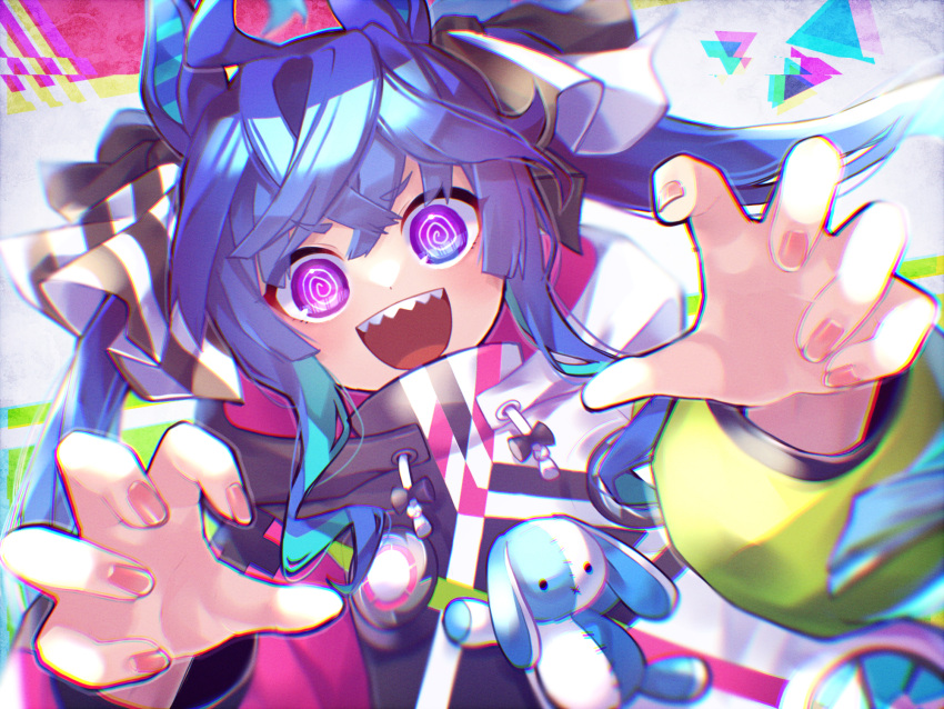 1girl :d @_@ ahoge animal_ears aqua_hair blue_eyes blue_hair blurry bow chromatic_aberration commentary crossed_bangs curled_fingers depth_of_field drawstring fingernails hair_bow hands_up heterochromia highres hood hoodie horse_ears horse_girl long_hair long_sleeves looking_at_viewer maigo_(user_xkwr8585) multicolored_clothes multicolored_hair multicolored_hoodie open_mouth purple_eyes sharp_teeth sidelocks smile solo striped striped_bow stuffed_animal stuffed_rabbit stuffed_toy teeth twin_turbo_(umamusume) twintails two-tone_hair umamusume upper_body upper_teeth_only