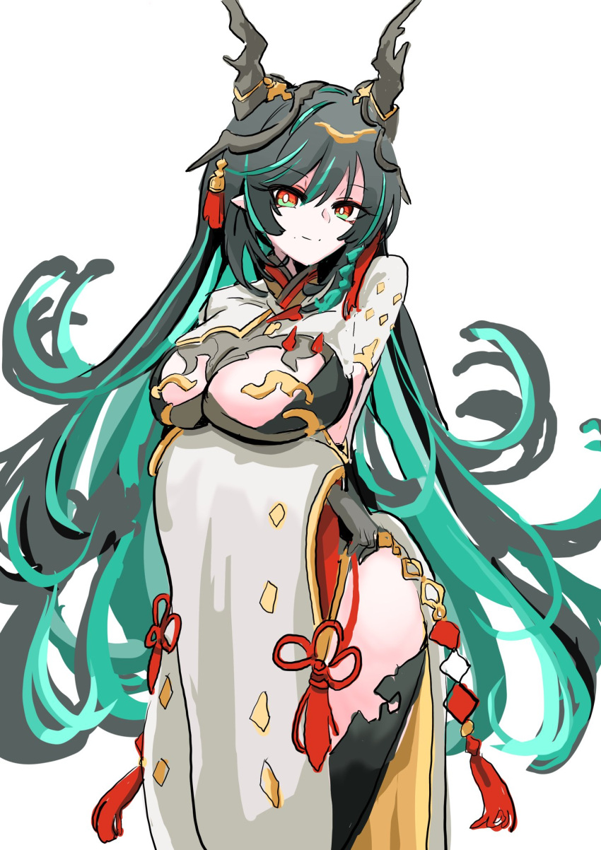 1girl arms_under_breasts black_gloves black_hair black_thighhigh breast_cutout breasts cleavage cleavage_cutout clothing_cutout colored_inner_hair detached_sleeves dragon_girl dragon_horns draph gloves gradient_hair granblue_fantasy green_eyes green_hair hair_ornament highres horn_ornament horns jigenshin large_breasts leotard long_hair looking_at_viewer mole mole_under_mouth multicolored_eyes multicolored_hair payila_(granblue_fantasy) pointy_ears red_eyes solo tassel tassel_hair_ornament thick_thighs thighhighs thighs two-tone_eyes two-tone_hair very_long_hair