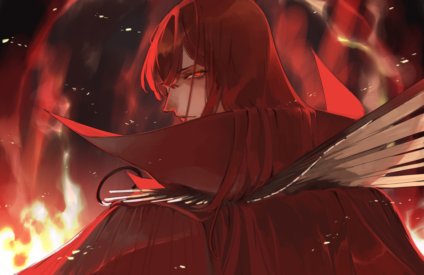 1girl cape collared_cape fate/grand_order fate_(series) fire glaring gotronix hair_over_one_eye long_hair looking_at_viewer looking_back oda_nobunaga_(fate) oda_nobunaga_(maou_avenger)_(fate) portrait red_cape red_eyes red_hair red_theme solo