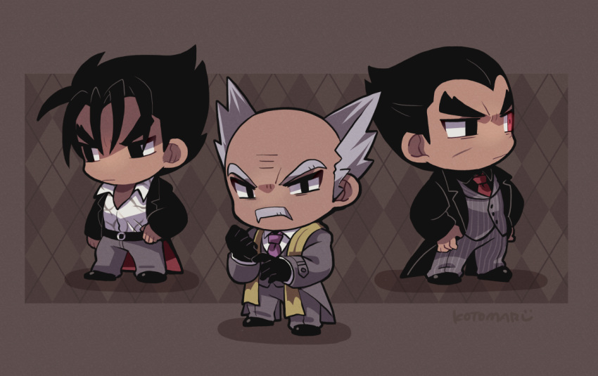 3boys balding belt black_belt black_coat black_eyes black_hair brown_background chibi closed_mouth coat facial_hair full_body grey_coat grey_facial_hair grey_hair grey_jacket grey_pants hands_on_own_hips jacket kazama_jin kotorai looking_to_the_side male_focus mishima_heihachi mishima_kazuya multiple_boys mustache necktie pants purple_necktie red_eyes red_necktie scar scar_on_cheek scar_on_face shirt signature standing tekken thick_eyebrows v-shaped_eyebrows white_shirt