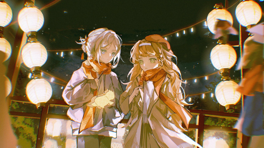 2girls braid chromatic_aberration closed_mouth coat dango dutch_angle food green_eyes grey_coat grey_eyes grey_hair grey_sweater hair_bun hairband hand_in_pocket highres holding holding_food lantern long_hair long_sleeves mercury_(timbear) multiple_girls night orange_hair orange_headwear orange_scarf outdoors paper_lantern parted_lips railing reverse:1999 scarf side_braid skirt sonetto_(reverse:1999) sweater vertin_(reverse:1999) wagashi white_hairband