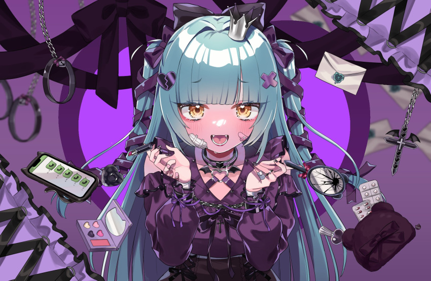 1girl bandaid bandaid_on_face black_bow black_choker black_skirt blush bow cellphone choker clothing_cutout collarbone commentary crown envelope fangs green_hair hair_bow highres jirai_kei lipstick long_hair long_sleeves looking_at_viewer mahoroba makeup manio mini_crown nemori_petty open_mouth phone piercing pill purple_bow purple_shirt shirt shoulder_cutout sidelocks skirt smartphone solo teeth tongue_piercing two_side_up upper_body virtual_youtuber yellow_eyes