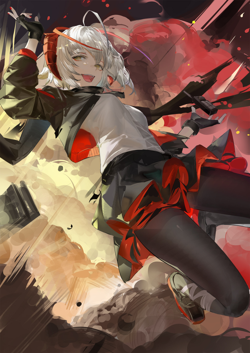 1girl :d antennae arknights black_gloves black_jacket black_pantyhose black_skirt blazpu breasts demon_girl demon_horns detonator explosion fingerless_gloves gloves grey_hair highres horns jacket open_clothes open_jacket open_mouth pantyhose red_nails shirt short_hair skirt small_breasts smile solo teeth two-sided_fabric two-sided_jacket two-sided_skirt upper_teeth_only w_(arknights) white_shirt yellow_eyes