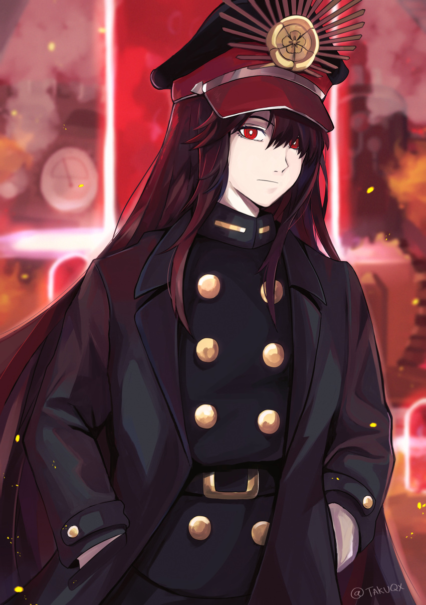 1girl absurdres belt black_hair expressionless family_crest fate/grand_order fate_(series) hair_between_eyes hands_in_pockets hat highres long_sleeves looking_at_viewer military_hat oda_nobunaga_(fate) oda_uri red_eyes sidelocks solo taku_(takuqx) upper_body