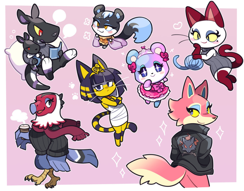 amelia_(animal_crossing) animal_crossing animal_ears animal_hands ankha_(animal_crossing) back bag bandages bear bear_girl biker_clothes bikesuit bird bird_girl black_eyes black_hair black_jacket black_skin blank_speech_bubble blue_eyes blue_skin bodysuit border bright_pupils cat cat_girl claws coffee_cup colored_sclera colored_skin crossed_arms cub cup disposable_cup eagle eyelashes flower freya_(animal_crossing) hair_ornament heart highres holding holding_bag jacket judy_(animal_crossing) kangaroo kangaroo_girl long_sleeves loveycloud mathilda_(animal_crossing) multicolored_skin olivia_(animal_crossing) pawpads pillow pink_background pink_ribbon pink_skin print_jacket purple_skin reading red_eyes red_scarf red_skin ribbon scarf simple_background sitting sitting_on_pillow sleeveless snake_hair_ornament sparkle speech_bubble squirrel squirrel_girl steam tail talons tasha_(animal_crossing) tiara white_border white_pupils white_skin wings wolf wolf_girl yarn yarn_ball yellow_eyes yellow_skin