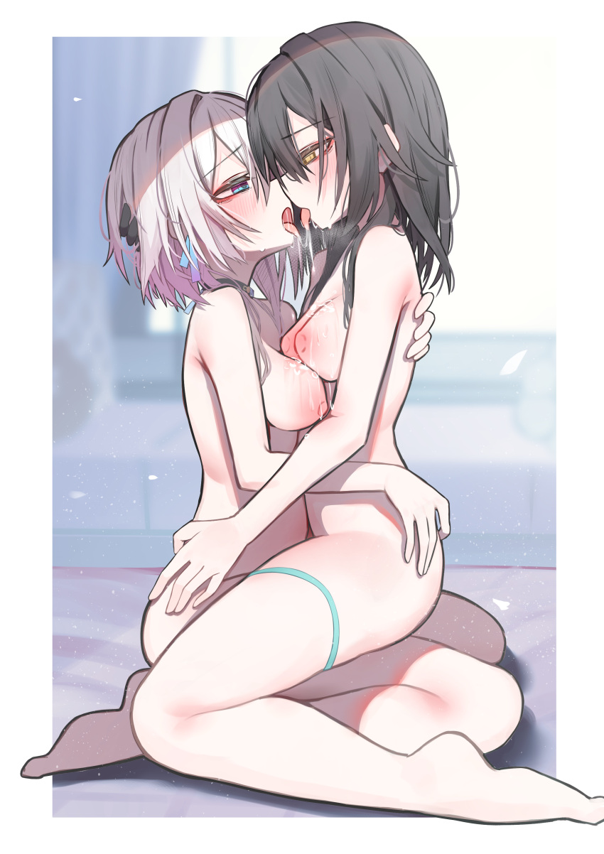 2girls absurdres after_kiss black_hair blue_eyes blurry blurry_background blush border breasts breath completely_nude dated_commentary eye_contact face-to-face from_side half-closed_eyes hand_in_another's_hair hand_on_another's_ass hand_on_another's_back highres honkai:_star_rail honkai_(series) indoors long_hair looking_at_another march_7th_(honkai:_star_rail) medium_breasts medium_hair multiple_girls nipples nude open_mouth outside_border pink_hair profile sajin_(user_pvrm4582) saliva saliva_trail sitting stelle_(honkai:_star_rail) thigh_strap trailblazer_(honkai:_star_rail) white_border yellow_eyes yuri