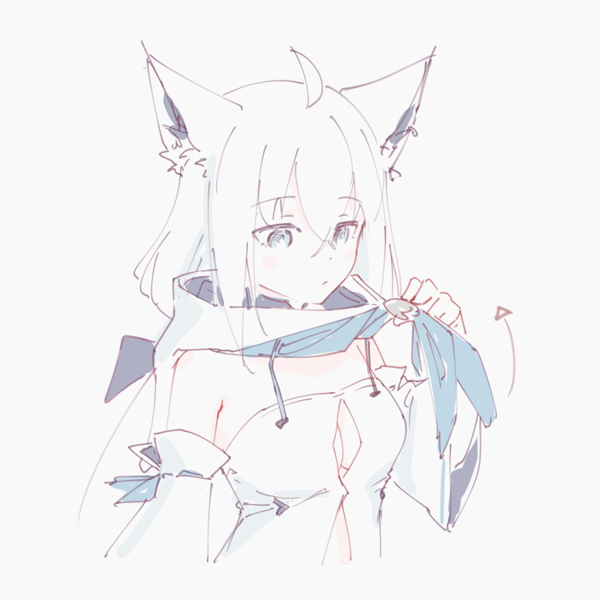 1girl ahoge animal_ear_fluff animal_ears aqua_eyes bare_shoulders blue_neckerchief braid breasts cleavage clothes_lift crossed_bangs detached_sleeves ear_ornament earrings extra_ears fox_ears fox_girl fox_tail front_slit highres hololive hyde_(tabakko) jewelry long_hair low-tied_long_hair neckerchief ribbon shirakami_fubuki shirakami_fubuki_(1st_costume) side_braid sidelocks simple_background single_braid sketch solo tail white_background white_hair wide_sleeves