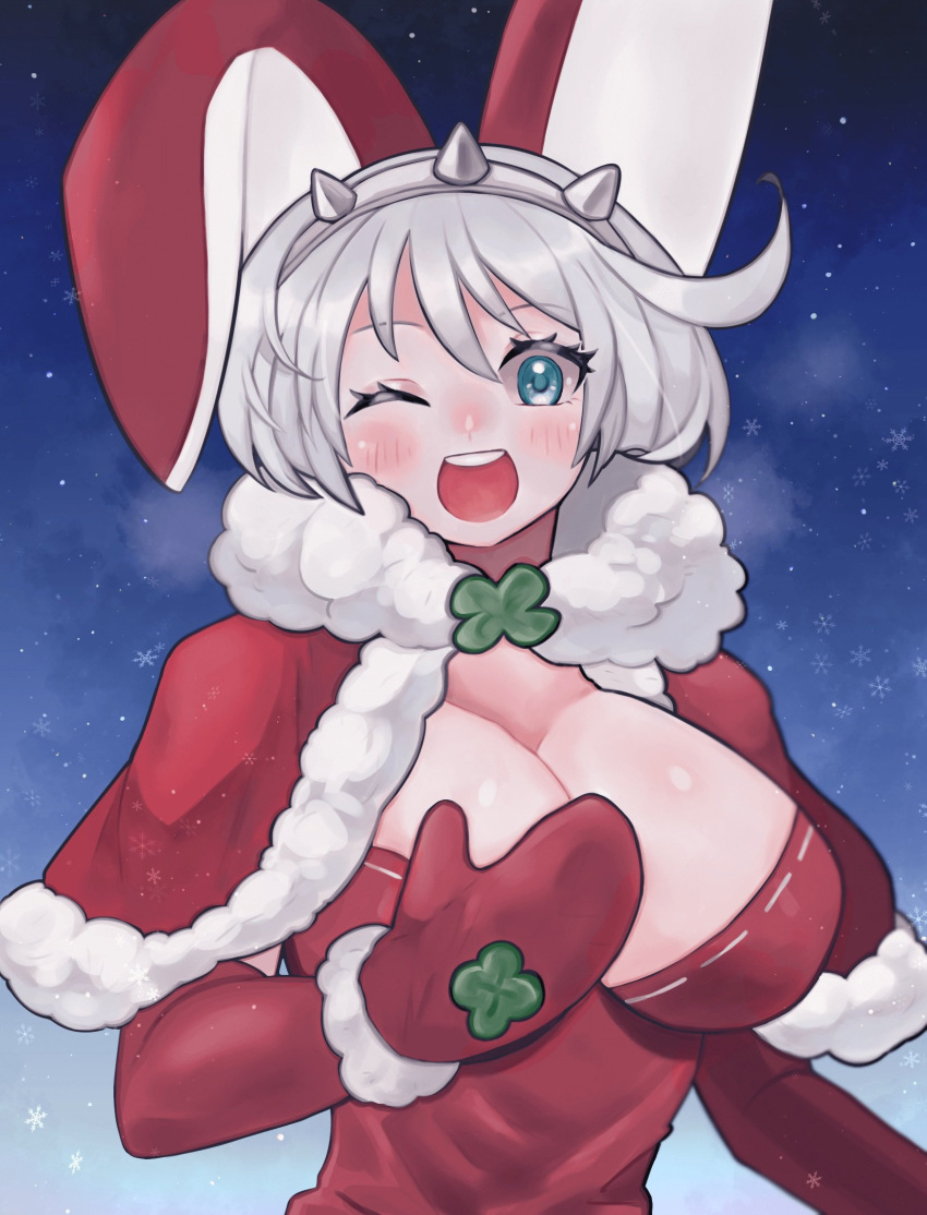 1girl adapted_costume ahoge animal_ears aqua_eyes breasts capelet clover dress elphelt_valentine four-leaf_clover fur-trimmed_capelet fur_trim gloves guilty_gear guilty_gear_xrd hairband highres huge_ahoge ky4274 large_breasts looking_at_viewer one_eye_closed open_mouth red_capelet red_dress red_gloves santa_dress santa_gloves short_hair smile spiked_hairband spikes white_hair