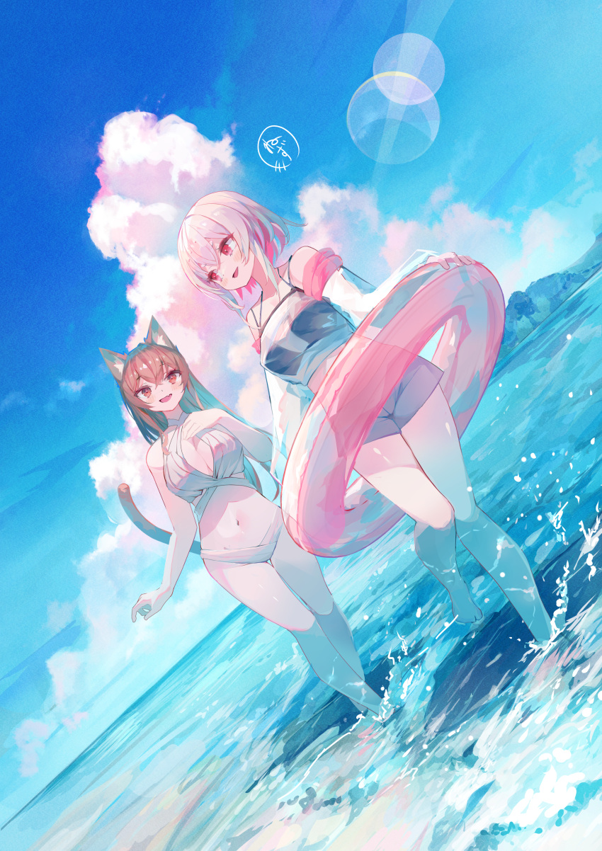 2girls absurdres animal_ears bare_shoulders bikini blue_sky breasts brown_hair cleavage cloud day hair_between_eyes highres horizon innertube midriff multiple_girls navel original outdoors parted_lips pink_eyes pink_hair sky splashing summer swimsuit tail tamago_nezumi water