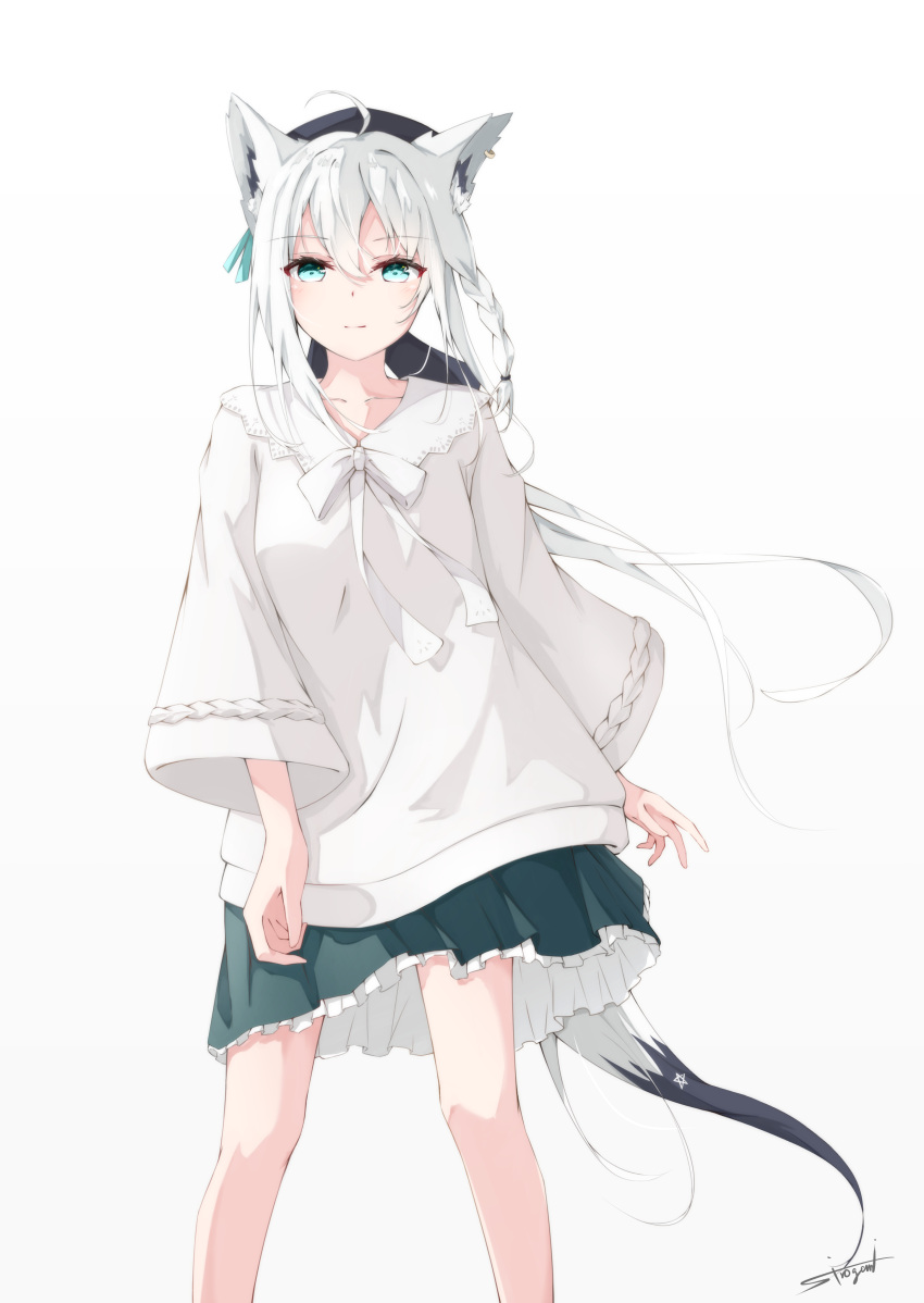 1girl absurdres ahoge animal_ears aqua_eyes beret black_headwear fox_ears fox_girl fox_tail green_skirt hat highres hololive long_hair looking_at_viewer low_ponytail official_alternate_costume shirakami_fubuki shirakami_fubuki_(3rd_costume) shirt sirogami_0614 skirt smile solo tail virtual_youtuber white_hair white_shirt