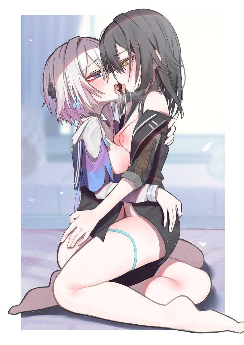 2girls absurdres after_kiss barefoot black_hair blue_eyes blurry blurry_background blush border bottomless breasts breath dated_commentary eye_contact face-to-face from_side half-closed_eyes hand_in_another's_hair hand_on_another's_ass hand_on_another's_back highres honkai:_star_rail honkai_(series) indoors long_hair long_sleeves looking_at_another march_7th_(honkai:_star_rail) medium_breasts medium_hair multiple_girls nipples off_shoulder open_clothes open_mouth outside_border partially_undressed pink_hair profile sajin_(user_pvrm4582) saliva saliva_trail sitting sleeves_past_elbows stelle_(honkai:_star_rail) thigh_strap trailblazer_(honkai:_star_rail) white_border yellow_eyes yuri