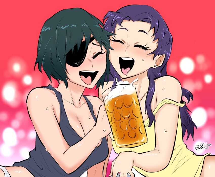 2girls alcohol beer beer_mug black_hair blush breasts chainsaw_man cleavage closed_eyes cup eyepatch highres himeno_(chainsaw_man) katsuragi_misato laughing mug multiple_girls neon_genesis_evangelion panties purple_hair shirt sweat sytokun underwear