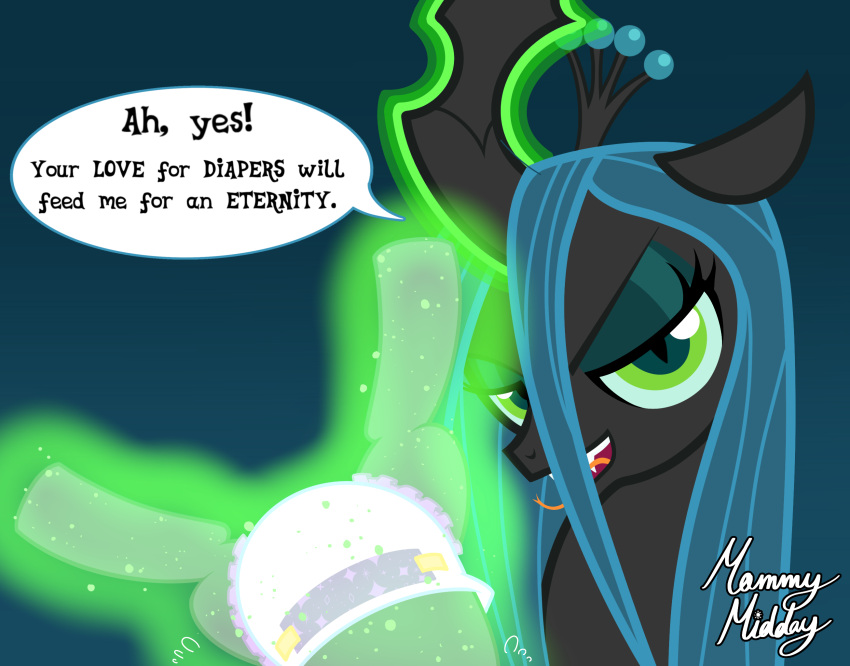 clothed clothing dialogue diaper diaper_fetish english_text equid equine eyeshadow fangs feral first_person_view friendship_is_magic glowing green_eyes green_eyeshadow green_hair grey_body hair hasbro hi_res levitation looking_at_viewer magic makeup mammal mommymidday my_little_pony pupils quadruped queen_chrysalis_(mlp) slit_pupils teeth text tongue tongue_out wearing_diaper