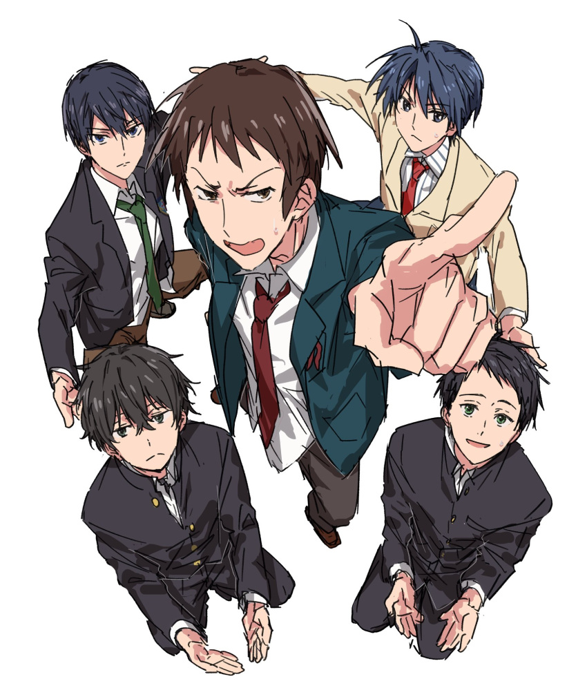 5boys :d black_hair black_jacket blazer brown_eyes brown_footwear brown_hair brown_pants clannad closed_mouth collared_shirt commentary_request company_connection crossover free! from_above fukube_satoshi gakuran green_eyes green_jacket green_necktie hare_hare_yukai highres hyouka iwatobi_high_school_uniform jacket kamiyama_high_school_uniform_(hyouka) kita_high_school_uniform kugucho kyon kyoto_animation loafers long_hair long_sleeves looking_at_viewer male_focus multiple_boys multiple_crossover nanase_haruka_(free!) necktie okazaki_tomoya open_clothes open_jacket open_mouth oreki_houtarou pants school_uniform shirt shoes short_hair simple_background smile suzumiya_haruhi_no_yuuutsu white_background white_shirt winter_uniform yellow_jacket