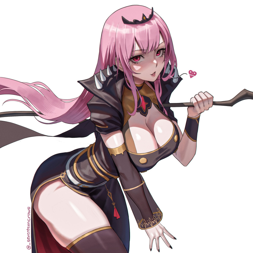 1girl absurdres bent_over black_dress black_tiara blowing_kiss blunt_bangs blush bow_choker breasts cleavage detached_sleeves dress highres holding holding_scythe hololive hololive_english large_breasts long_hair looking_at_viewer mori_calliope mori_calliope_(1st_costume) pink_eyes pink_hair red_eyes scythe seventeencrows shoulder_spikes simple_background single_detached_sleeve single_thighhigh spiked_cape spikes thighhighs thighs tiara underworld veil virtual_youtuber white_background
