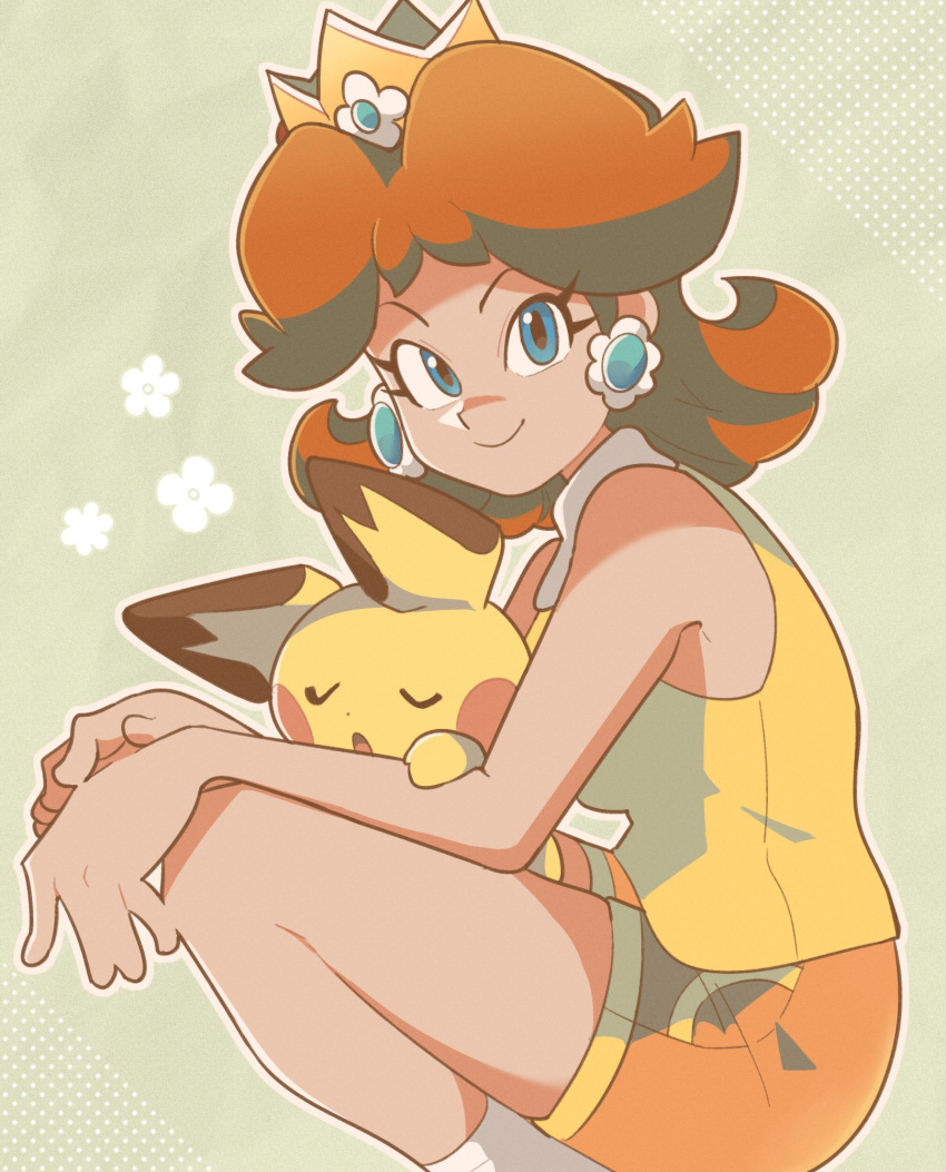 1girl 1other arms_on_knees blue_eyes border breasts brown_hair closed_eyes crossover crown dotted_background earrings eyelashes flower flower_earrings from_side green_background highres jewelry looking_at_viewer loveycloud mario_(series) open_mouth orange_shorts pichu pokemon pokemon_(creature) princess_daisy shirt shorts sleeping sleeping_on_person sleeveless sleeveless_shirt smile socks white_border yellow_shirt