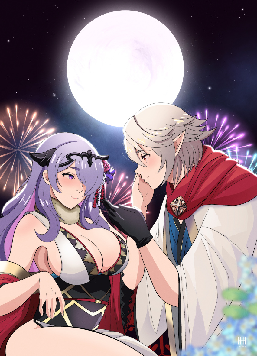 1boy 1girl absurdres breasts camilla_(fire_emblem) camilla_(new_year)_(fire_emblem) cleavage corrin_(fire_emblem) corrin_(male)_(fire_emblem) corrin_(male)_(new_year)_(fire_emblem) fire_emblem fire_emblem_fates fireworks grey_hair highres ihsnet japanese_clothes kimono looking_at_another moon obi official_alternate_costume pointy_ears purple_hair red_robe robe sash scarf smile thighs tiara