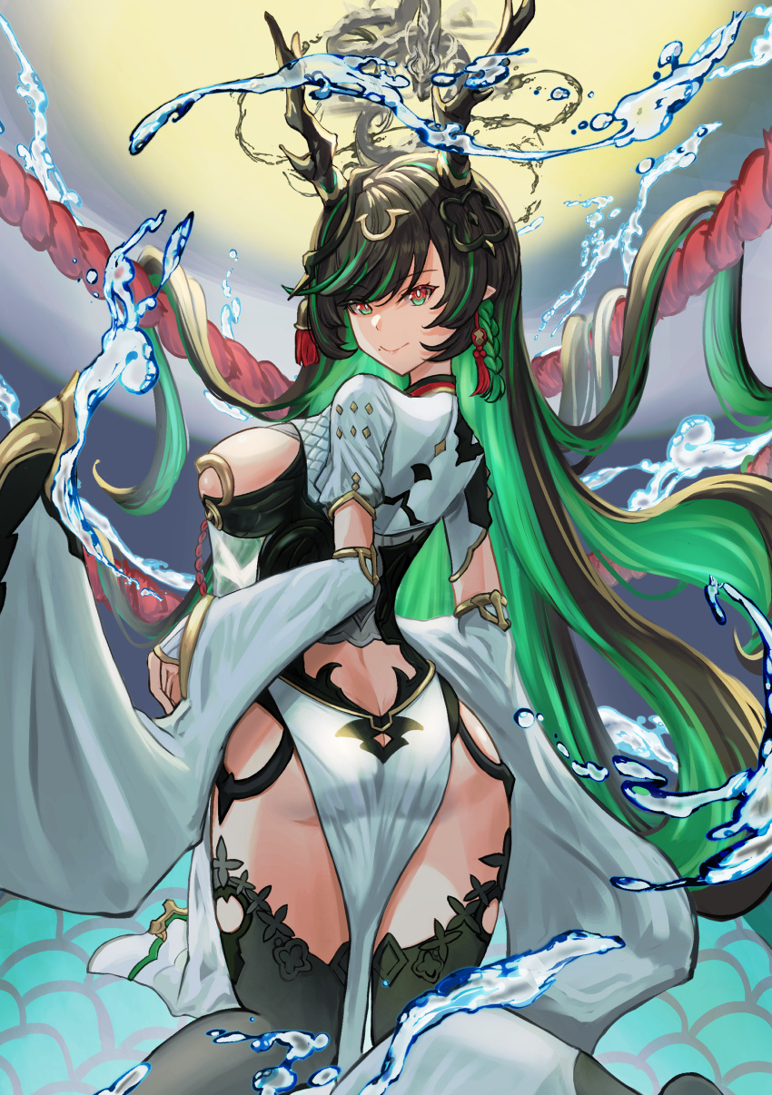 1girl absurdres ass back_cutout black_hair black_thighhighs breast_cutout breasts cleavage cleavage_cutout clothing_cutout colored_inner_hair detached_sleeves dragon_girl dragon_horns draph dress full_moon gradient_hair granblue_fantasy green_eyes green_hair hair_ornament highres horn_ornament horns large_breasts leotard long_hair looking_at_viewer mole mole_under_mouth moon multicolored_eyes multicolored_hair payila_(granblue_fantasy) pointy_ears red_eyes see-through see-through_dress smile solo tassel tassel_hair_ornament tatsumi_yashiro thighhighs two-tone_eyes two-tone_hair very_long_hair water water_drop