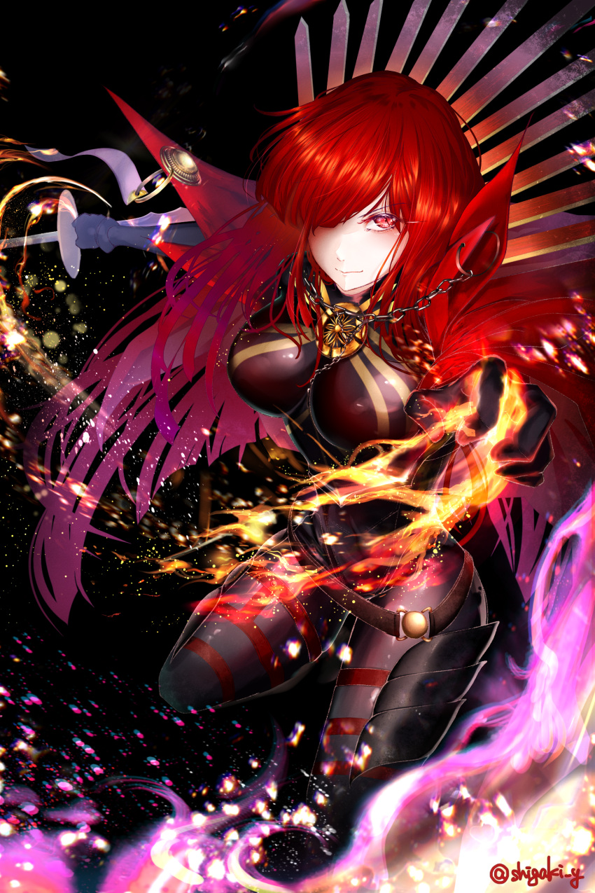 1girl absurdres black_background black_bodysuit bodysuit cape chain collared_cape family_crest fate/grand_order fate_(series) fire full_body hair_over_one_eye highres holding holding_sword holding_weapon katana medallion oda_nobunaga_(fate) oda_nobunaga_(maou_avenger)_(fate) oda_uri popped_collar pyrokinesis red_cape red_eyes red_hair shigaki simple_background solo sword tight_top twitter_username weapon