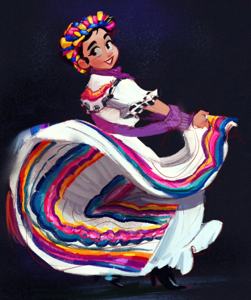 1girl black_hair blue_eyeshadow commentary dancing dress english_commentary eyeshadow hair_ornament highres long_dress makeup mexican_clothes mexican_dress mexico multicolored_clothes original smile solo the_awesombrosos thick_eyebrows white_dress