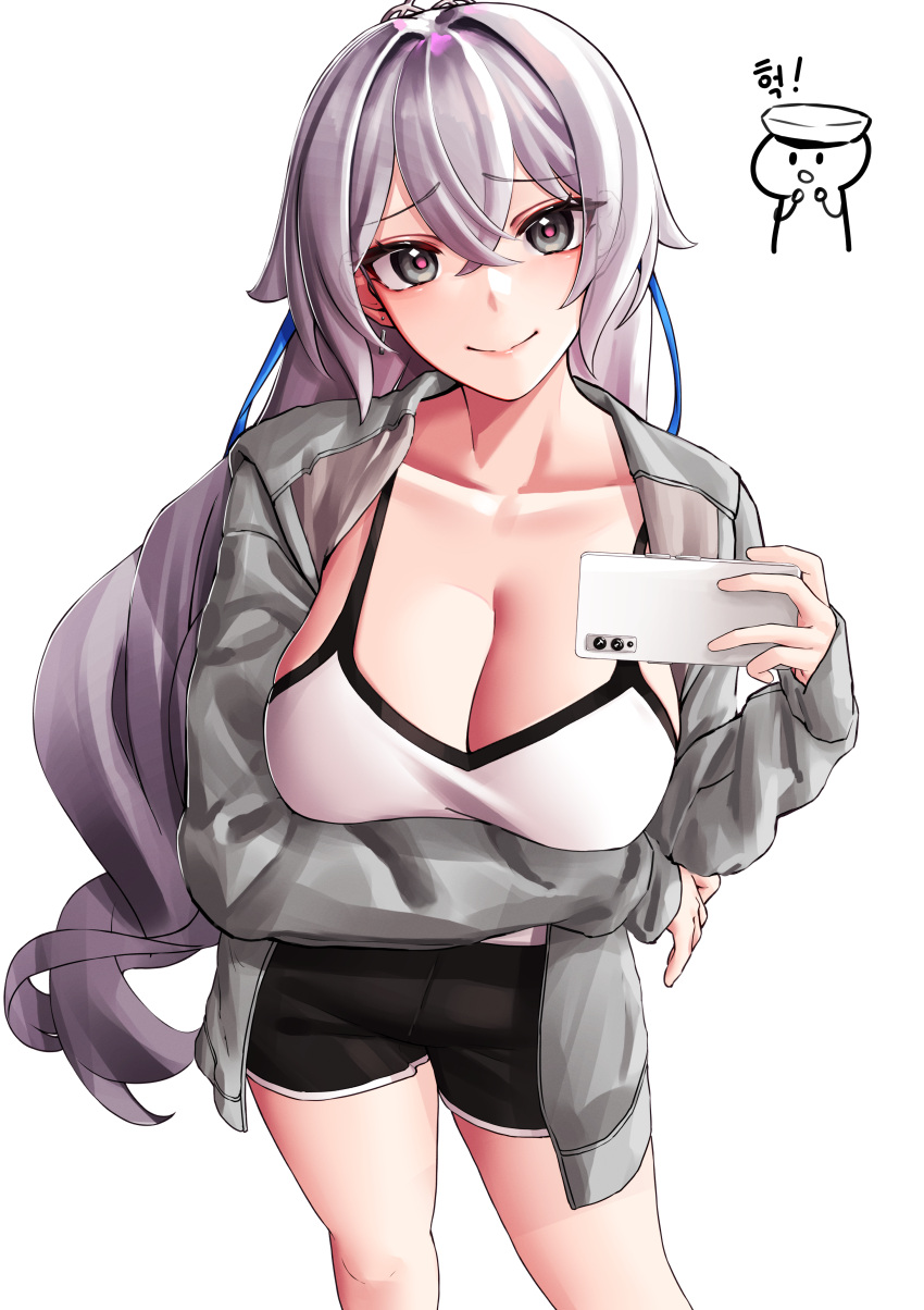 1girl absurdres black_shorts breasts bronya_zaychik captain_(honkai_impact) closed_mouth collarbone commentary_request cowboy_shot drill_hair grey_eyes grey_hair grey_jacket hair_between_eyes highres holding holding_phone honkai_(series) honkai_impact_3rd jacket large_breasts long_hair long_sleeves looking_at_viewer phone pyeong-il_pyeongil shirt shorts simple_background smile translation_request white_background white_shirt