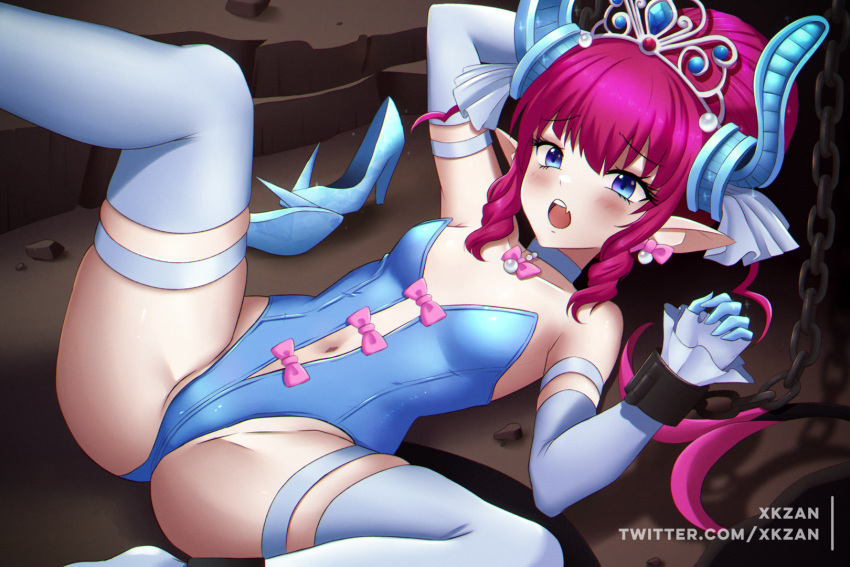 1girl armpits ass_visible_through_thighs bare_shoulders blue_eyes blue_footwear blue_leotard blush bow breast_slip breasts censored cleavage collarbone crown diamond_(gemstone) dragon_horns dragon_tail elbow_gloves elizabeth_bathory_(cinderella_rider)_(fate) elizabeth_bathory_(fate) elizabeth_bathory_(fate/extra_ccc) embarrassed eyelashes fang fate/extra fate/extra_ccc fate/grand_order fate_(series) from_above gloves hair_between_eyes hair_bun hair_ornament hair_ribbon hands_up high_heels highres horns leotard long_hair lying navel on_back open_mouth parted_lips pink_bow pink_hair pointy_ears princess restrained ribbon shoes sidelocks single_hair_bun skin_fang skindentation small_breasts spread_legs sweat tail thighhighs tiara twitter_username white_gloves white_thighhighs xkzan